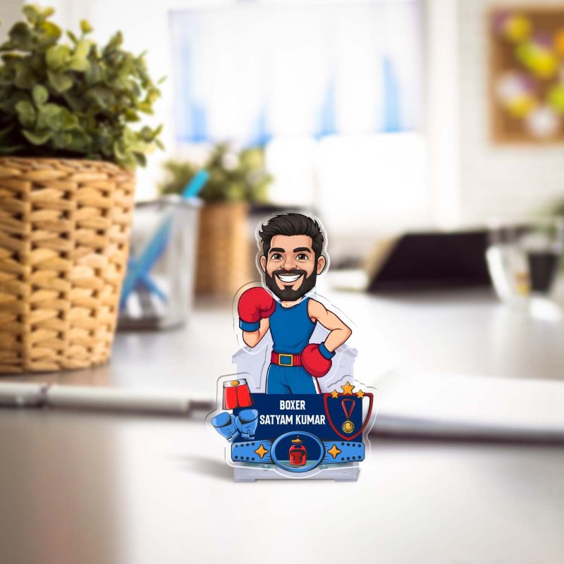 Personalized Boxer Caricature Desk Standee with Shaking Head Customized Fitness Gift for Gym Lovers, Friends, Boyfriend, Brother, Trainer Tabletop Decor Battery Powered Moving Head